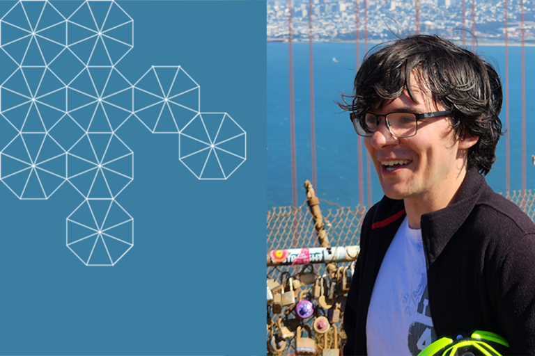 Graduate Student Researcher Jacob Champlin, smiling, on the Golden Gate Bridge with the Bay behind him and a blue rectangle with white tessellations to his left