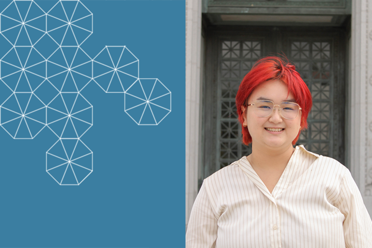 Karen Nguyen Vo stands in front of Doe Library, wearing a white button-up, and smiles for the camera
