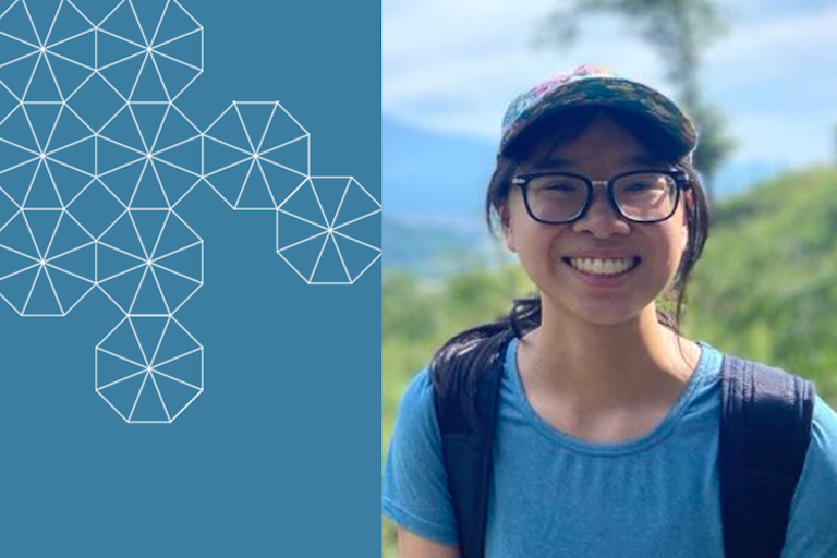 Graduate Student Researcher Melody Tsao, smiling in a field, wearing glasses, a blue shirt and baseball cap