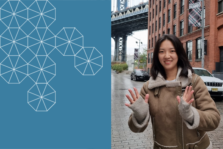 Sujin Lee smiles towards the camera on a city street with a bridge in the background