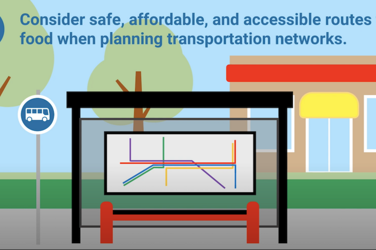 Animated still showing a neighborhood street with a bus stop, bike lane, trees, and shop in the background, with a bus route sign displayed at bus stop.
