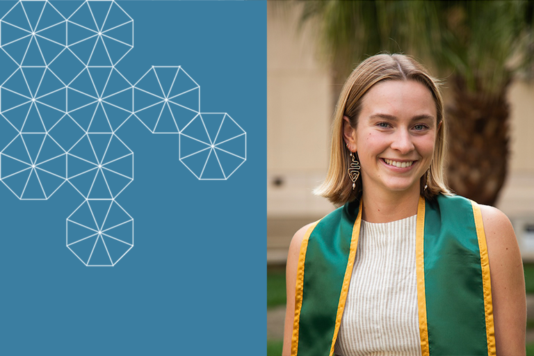 Fiona Norton smiles, wearing a graduation sash in green and gold