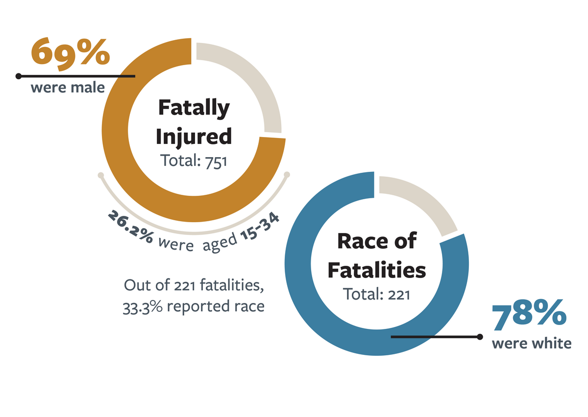 Infographic detailing the gender and race of fatalities in parked or working vehicle crash. For more information,  go to the following summary.