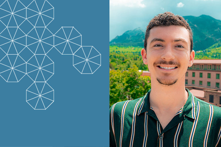 Graduate Student Researcher Kyler Blodgett, smiling wearing a green striped shirt with a hill and terracotta building in the background
