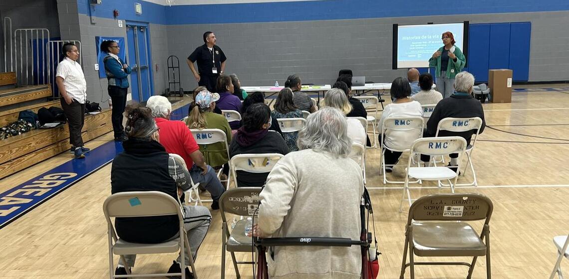 Adults participate in a Street Story training in the Boyle Heights area of Los Angeles, California.