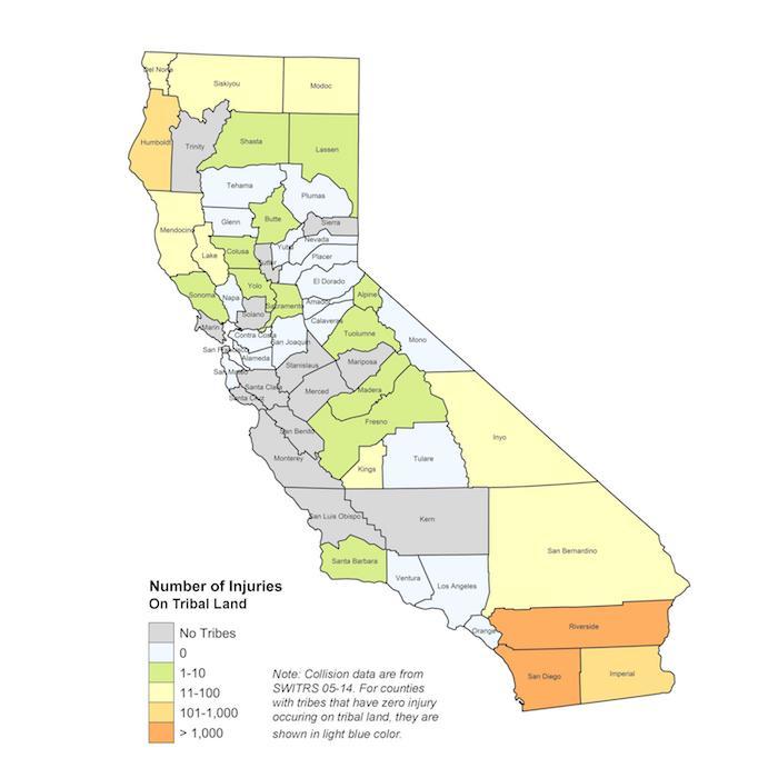 Figure displaying number of injuries on tribal land 2005-2014