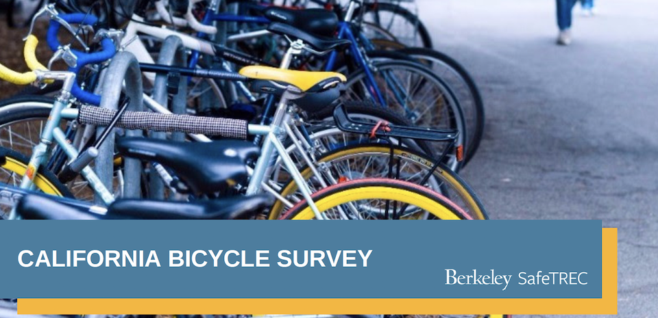 Full bicycle rack on Berkeley campus with the "California Bicycle Survey" in white text on a blue box