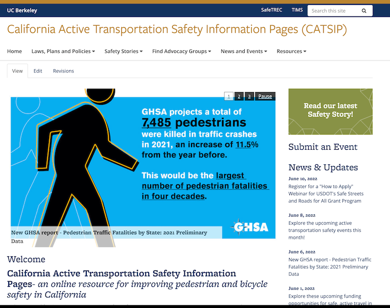 Home page of the California Active Transportation Safety Information Pages (CATSIP) website