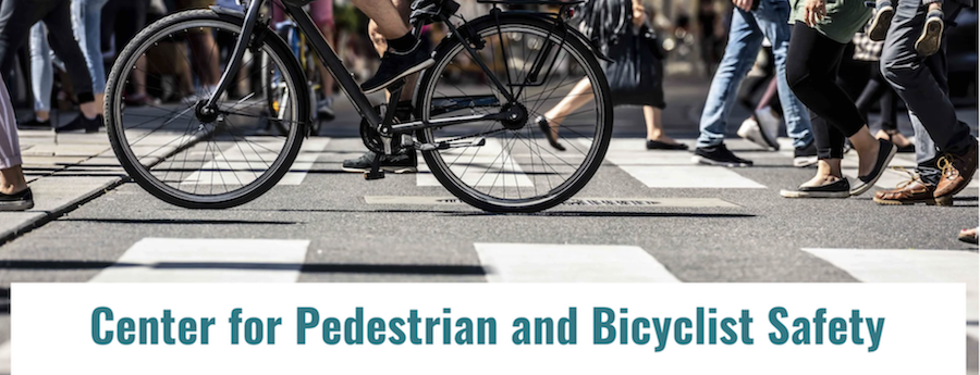 People walking and biking in a crosswalk with "Center for Pedestrian and Bicyclist Safety" in dark teal on a white background below