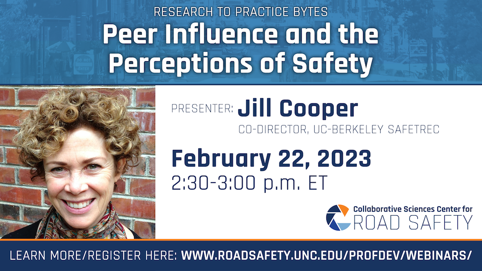 SafeTREC Co-Director Jill Cooper smiling in the promotional graphic for the 2/22 CSCRS Webinar