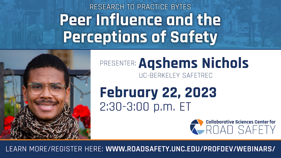SafeTREC graduate student researcher Aqshems Nichols smiling in the promotional graphic for the 2/22 CSCRS Webinar