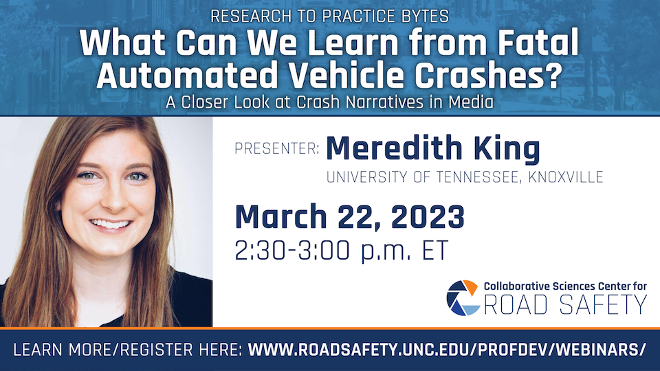 University of Tennessee, Knoxville's Meredith King, smiling, with event details for the 3/22 CSCRS webinar