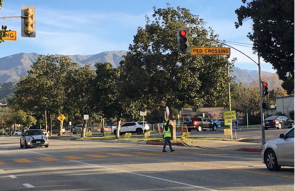 Crossing guard at a pedestrian crossing in Claremont, CA