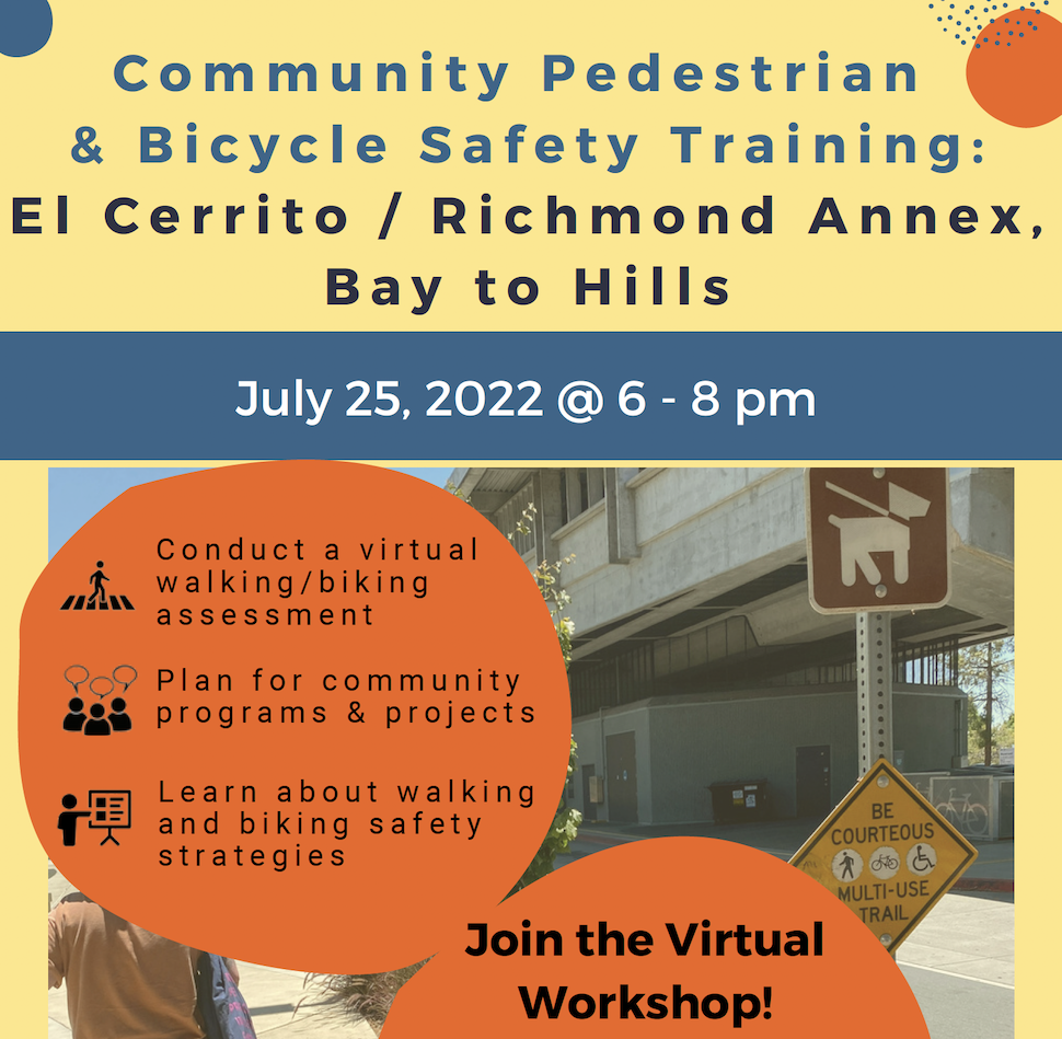 Community Pedestrian and Bicycle Safety Training Workshop flyer for El Cerrito/Richmond Annex on July 25, 2022