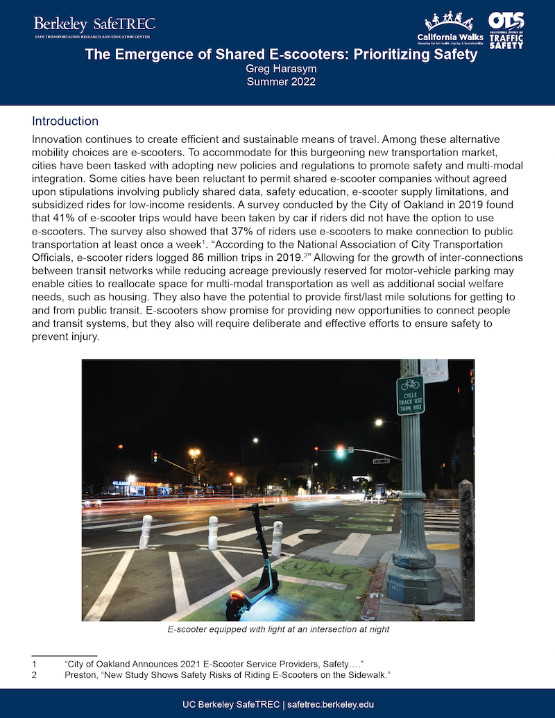First page of the new research brief on the emergence of shared e-scooters with the introduction