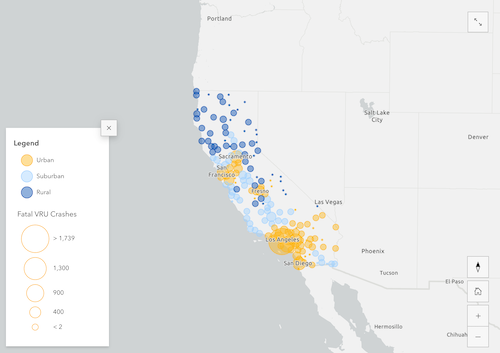 Map visualizing ten years of fatal VRU crashes by CA urban, suburban and rural counties