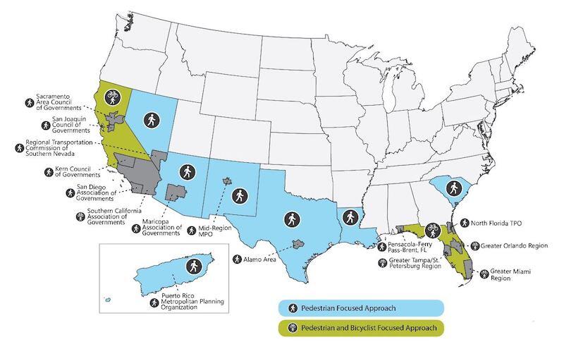 US map showing the Pedestrian and Bicyclist Focused Regions and MPOs