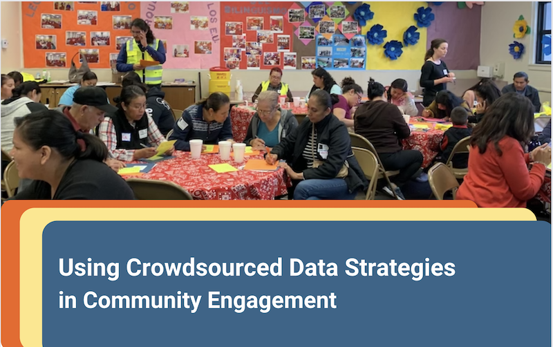 Community members at a walking and biking safety training filling out a Street Story survey about their transportation safety experiences, with the title of the Peer Exchange session on 3 stacked color boxes in orange, yellow and blue