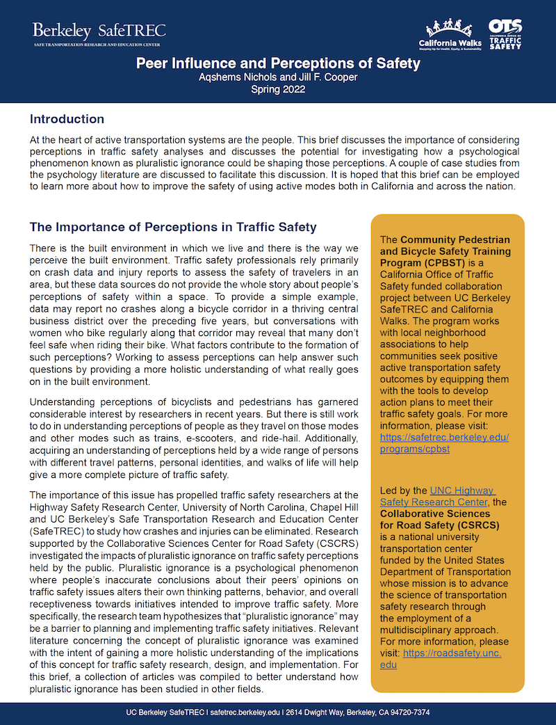 First page of the new research brief on perceptions of safety and peer influence