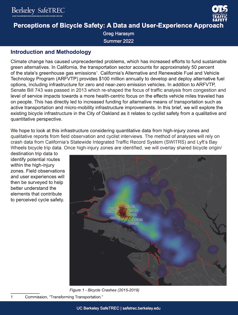 First page of the research brief with the introduction and methodology section and a heatmap showing bicycle crashes from 2015-2019