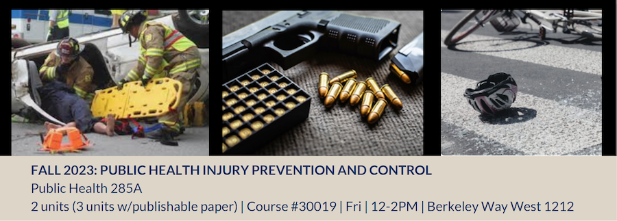Course flyer banner showing images of EMT responding to a car crash, a firearm with bullets, and a crosswalk with a crashed bicycle and helmet