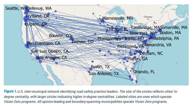 Map of US inter-municipal network identifying road safety practice leaders