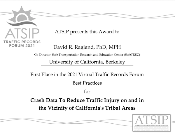 Plaque noting ATSIP Traffic Records Forum 2021 recognizing David R. Ragland with First Place in the 2021 Virtual Traffic Records Forum Best Practices Award