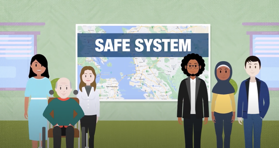 Graphic of people of different ages and backgrounds, 5 standing an 1 in a wheelchair before a map with the text "Safe System" on it