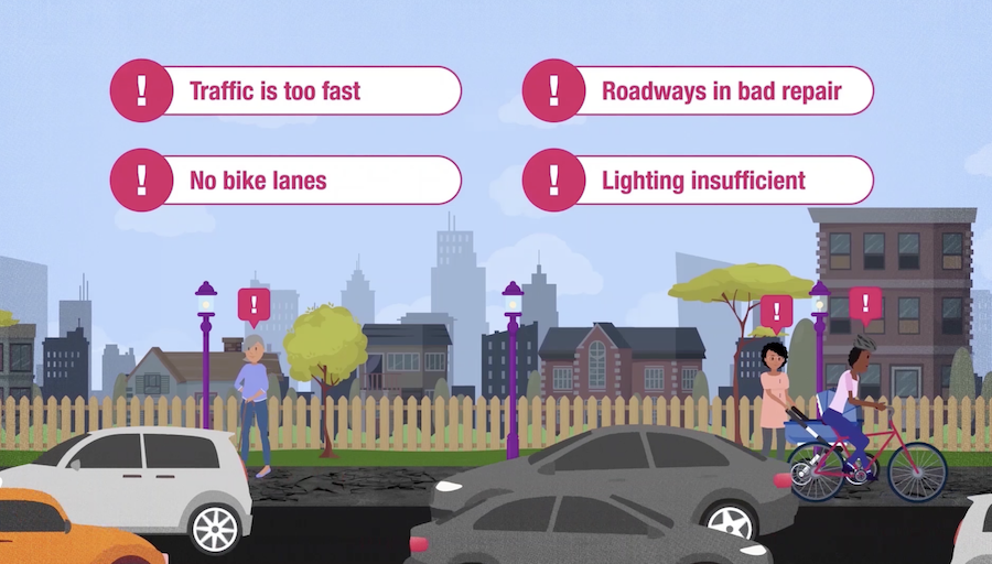 Graphic of people walking, biking, and pushing a stroller on the sidewalk beside lanes of traffic with common safety issues for why people choose to bike on the sidewalk highlighted in text above