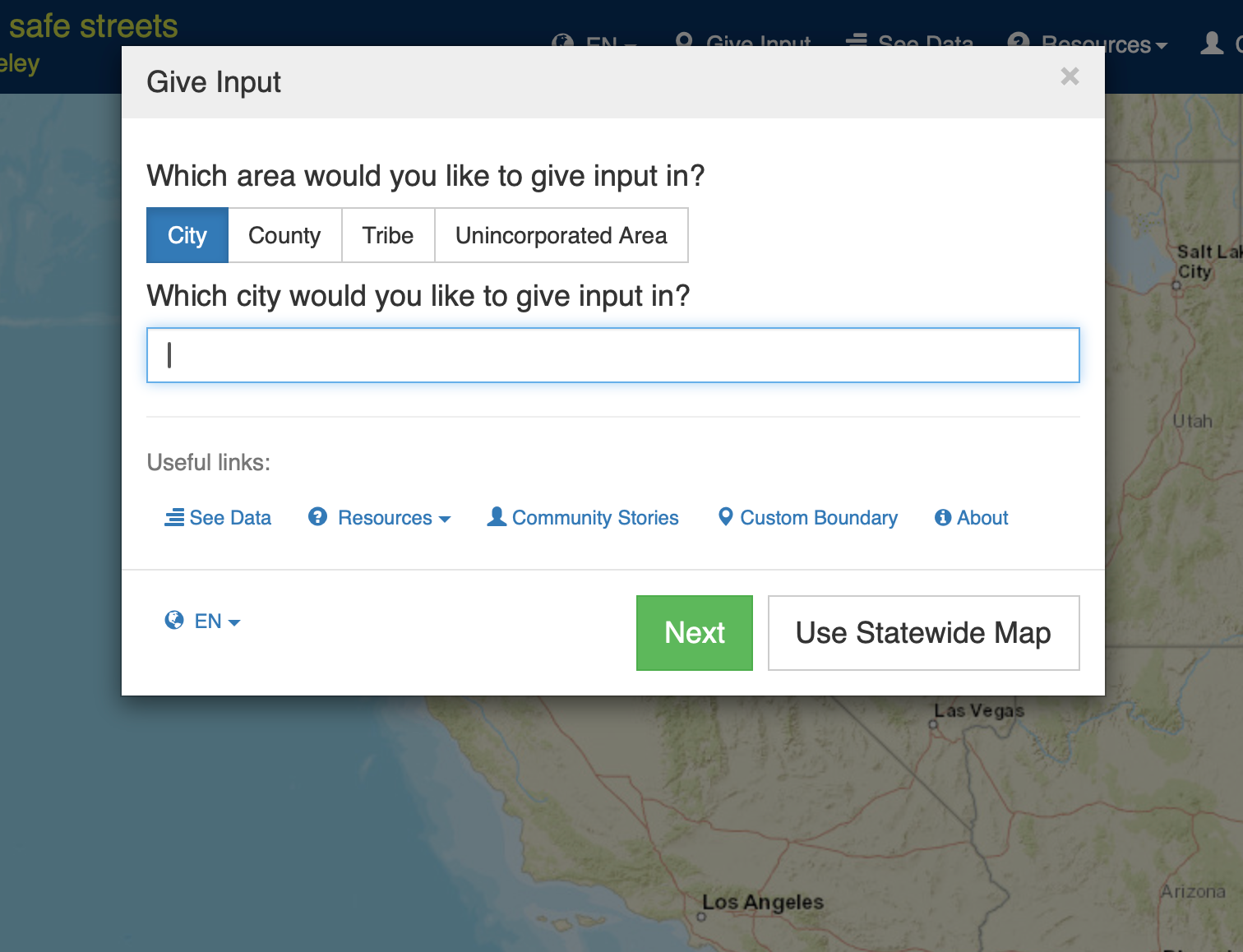 Landing page for the Street Story submission page, with data entry fields to collect data from individuals submitting reports and other useful links.