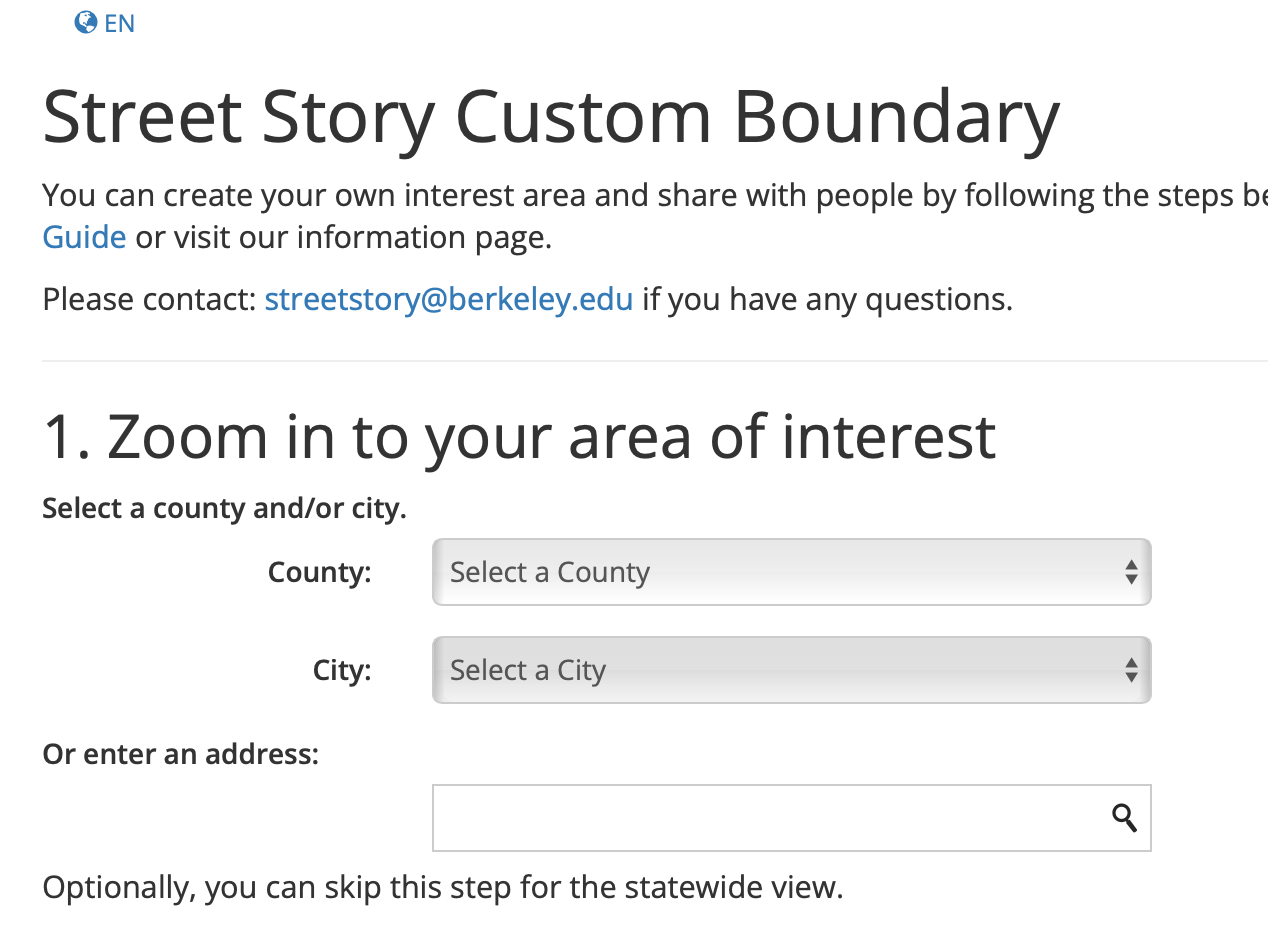 Webpage for the Street Story Custom Boundary feature with data entry fields to collect information about the specific area of interest.