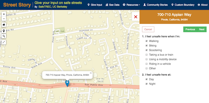 Street Story survey question about mode of traveling where feel unsafe