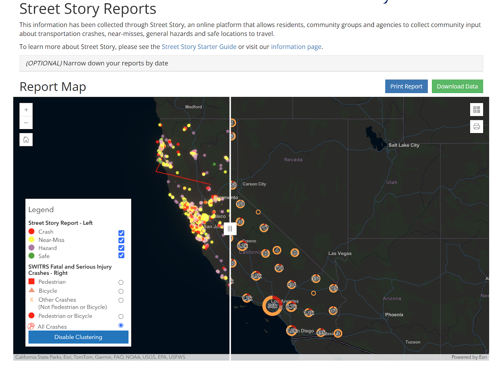 Screenshot of the Street Story Reports webpage, including the toggle feature on the interactive map