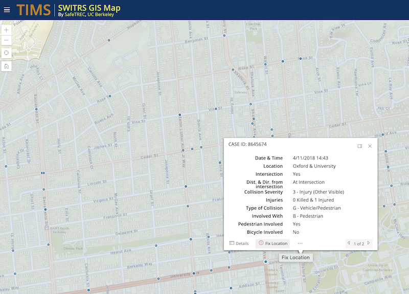 A collision mapped for an intersection in Berkeley displaying the pop up window and new feature "Fix Location"