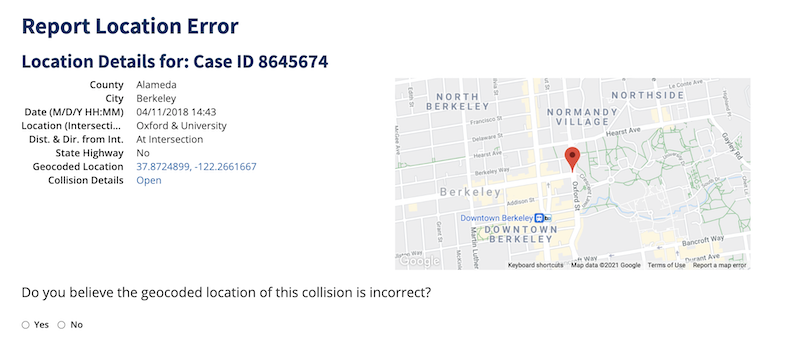 Screenshot of pop up window for reporting a location error at the Berkeley intersection