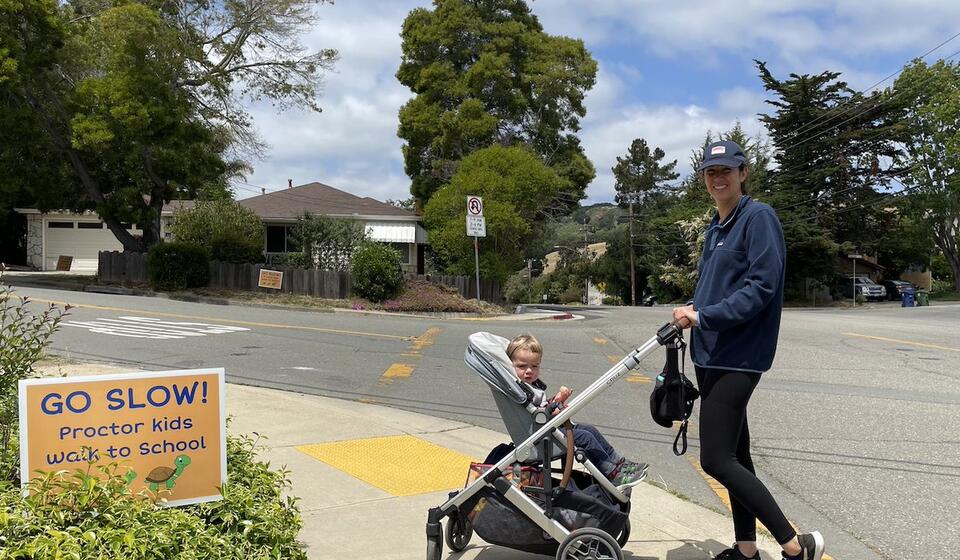 A mother and her child in a stroller on the walk audit at the CPBST in Castro Valley, CA