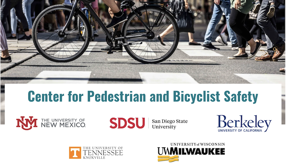 People walking and biking in a crosswalk with "Center for Pedestrian and Bicyclist Safety" in blue text below & 5 partner logos