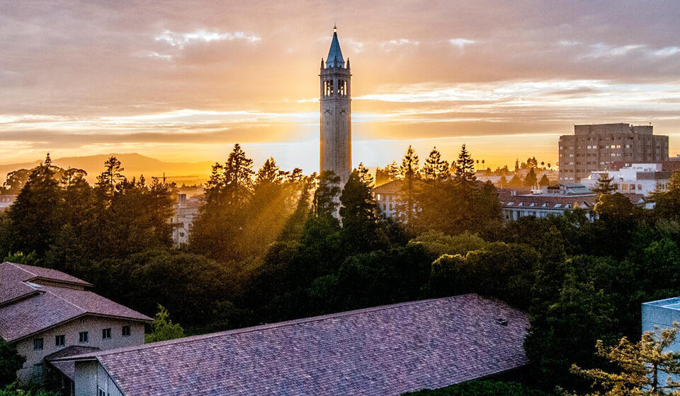View of the UC Berkeley Campanile at sunset