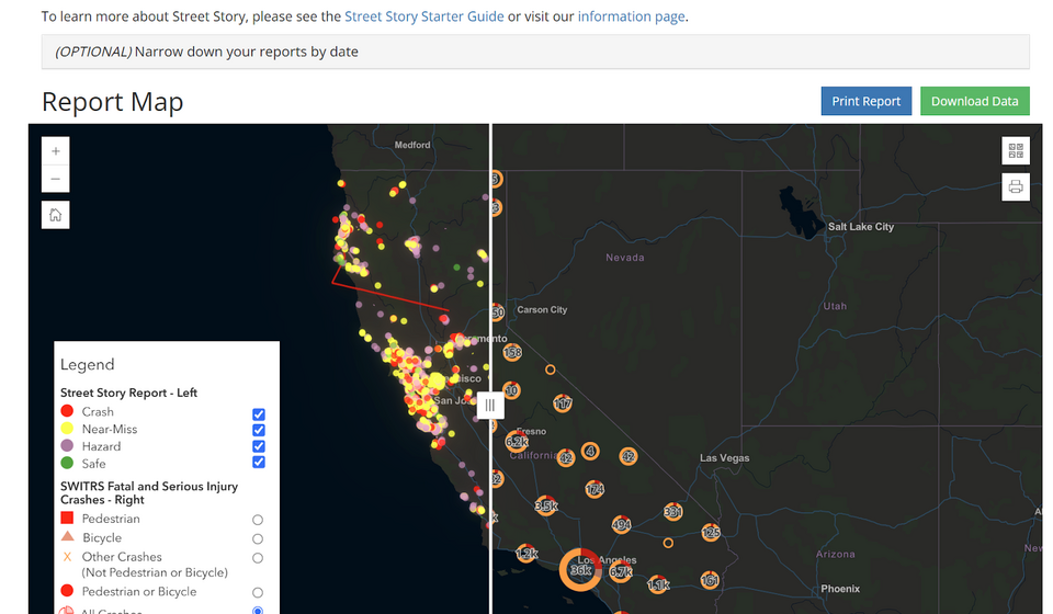 Screenshot of the Street Story Reports webpage, including the toggle feature on the interactive map