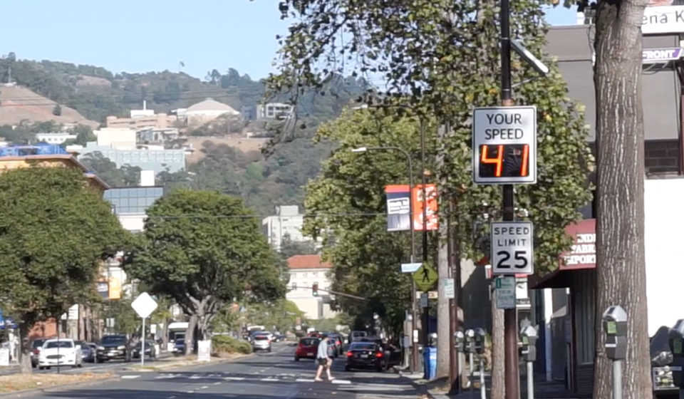 Electronic speed sign on University Avenue in Berkeley California