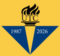 UTC logo with "UTC" and a black torch on a yellow background with two inverted blue triangles below with the dates of the program 1987-2026