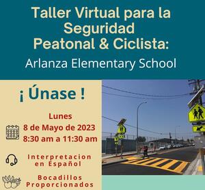 Folleto para el CPBST de Arlanza con detalles del evento sobre un fondo amarillo claro y azul oscuro, con una imagen de un cruce escolar