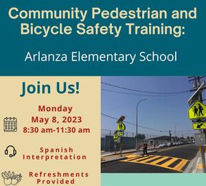 Flyer for the Arlanza CPBST with event details in on a light yellow and dark blue background, with a picture of a school crosswalk