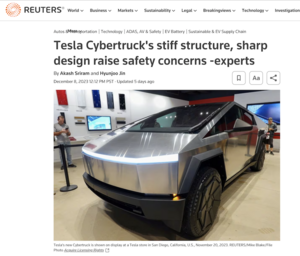 View of the online news item from Reuters showing a photo of Tesla's new Cybertruck on display at a Tesla store in San Diego, California