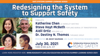 Promo for the Redesigning the System to Support Safety session with photos of panelists Katherine Chen, Steve Hoyt-McBeth, Aidil Ortiz, and Dr. Destiny N. Thomas