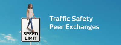 Traffic Safety Peer Exchanges graphic with a woman walking and a speed limit sign