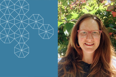 Liza Lutzker, smiling, wearing glasses, framed by a canopy of leaves with a Berkeley branded blue box with white tessellation to her left