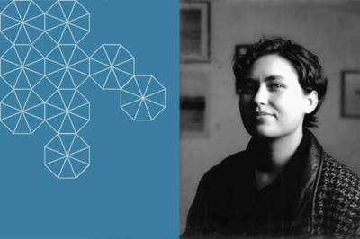 Noelani Fixler faces the camera smiling, in a black and white portrait to the right, with a branded blue box to the left with white tessallation design overlaid