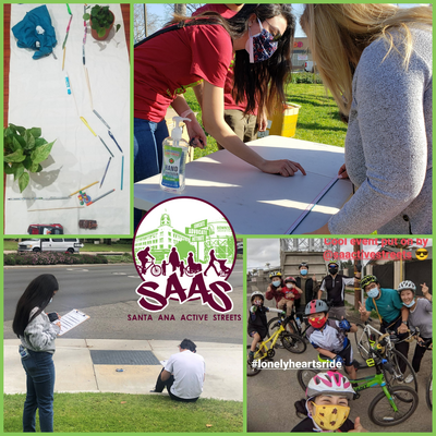 Collage of photos showing SAAS community outreach events like a walk audit, active streets event, and tabling with community members