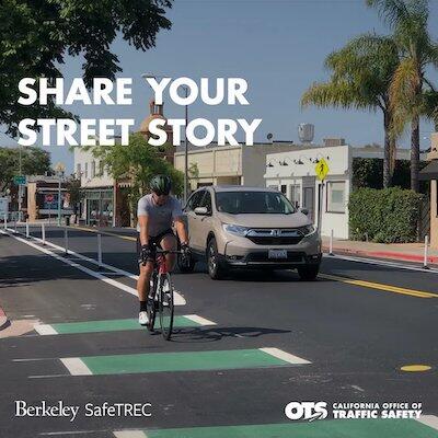 Man bicycling in a bike lane with white text overlaid reading "Share Your Street Story"